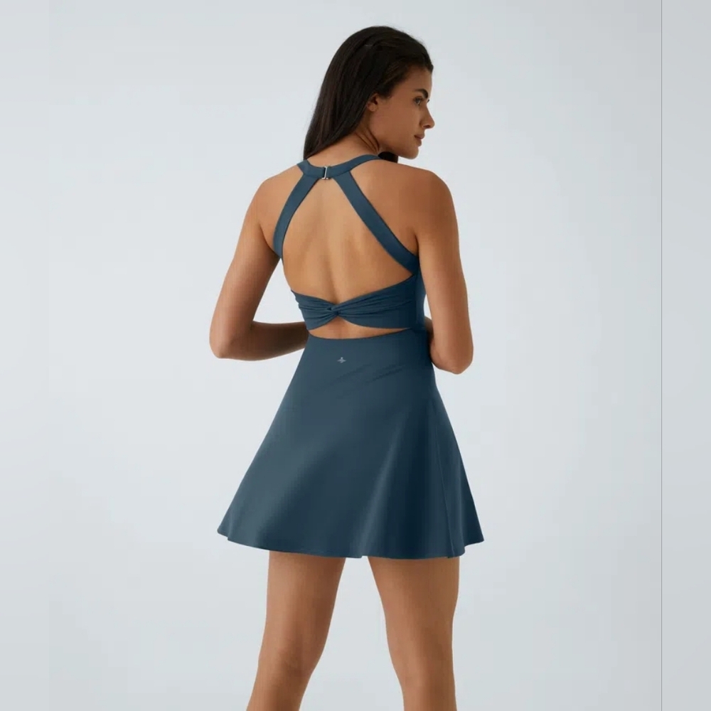 Halara Twist Back Active Dress Easy Peezy Longer Length D-F Cup Sz L Teal Blue - Picture 4 of 12